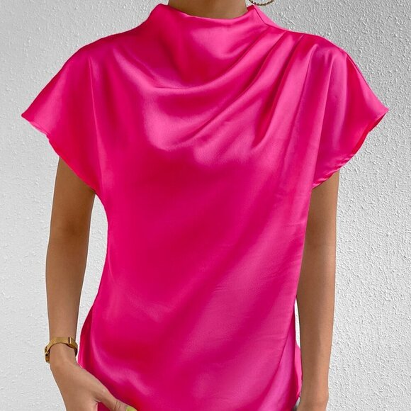 Hot Pink Party Women's  Mock Neck Batwing Sleeve Satin Blouse - Picture 6 of 6